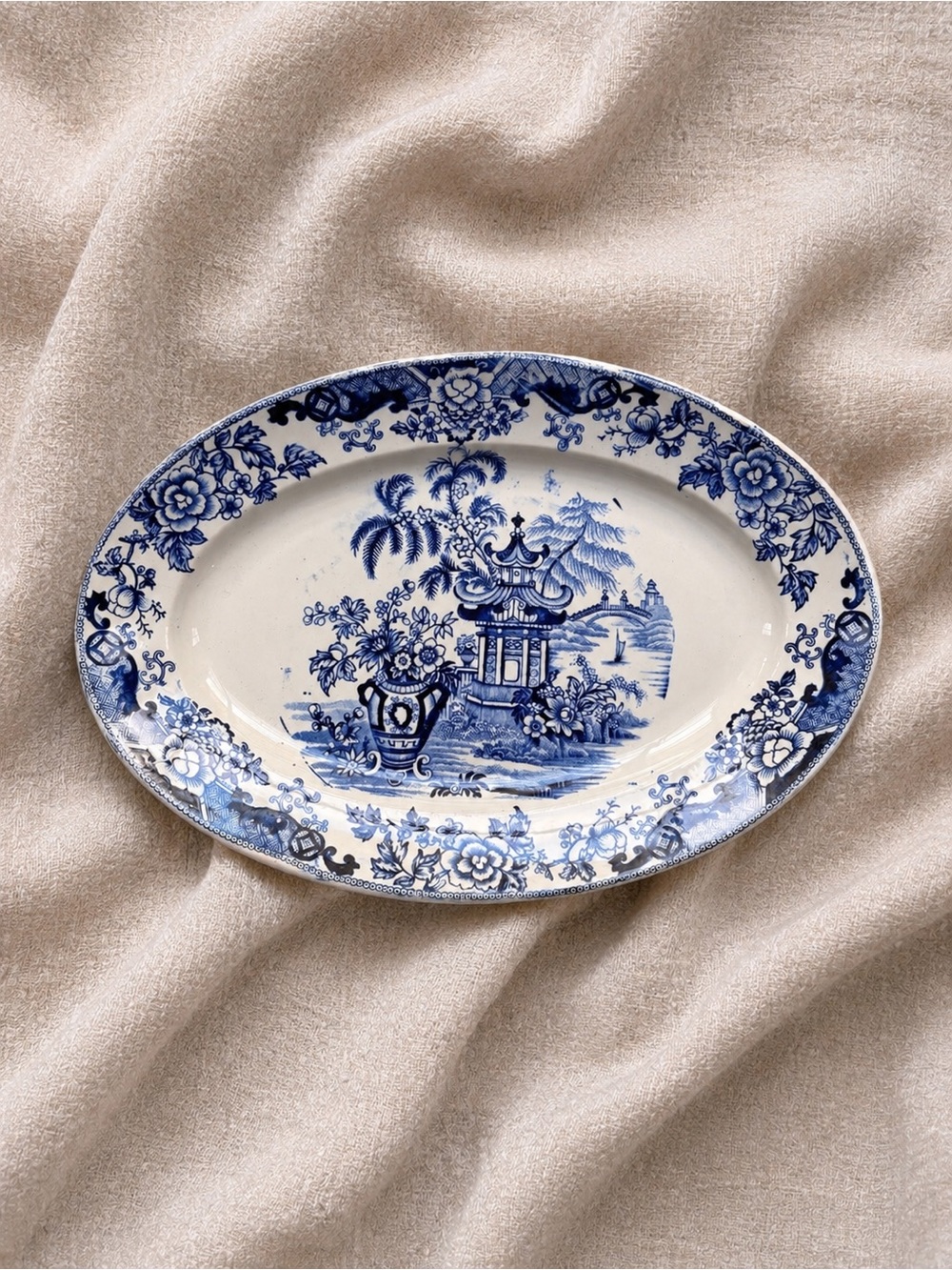 Antique Creil et Montereau Blue & White Pagoda Oval Platter - 19th Century